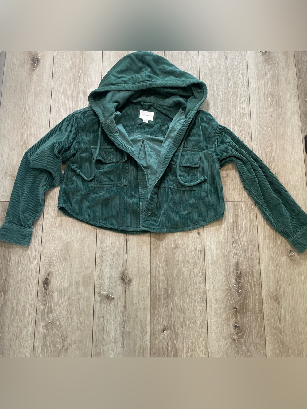 American Eagle Green Cropped Corduroy Hooded Shacket Jacket Size M